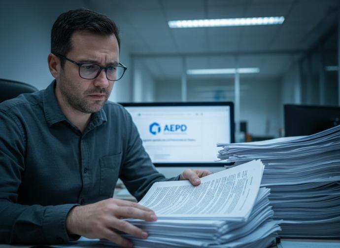 Autónomo mirando documentación legal complicada con expresión de confusión y preocupación