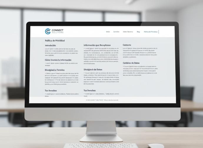Pantalla de ordenador con la política de privacidad y el aviso legal correctamente redactados en una web de empresa