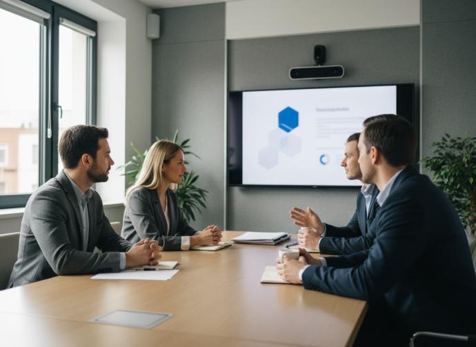 Pequeño equipo de trabajo atendiendo a una formación sobre protección de datos en una sala de reuniones