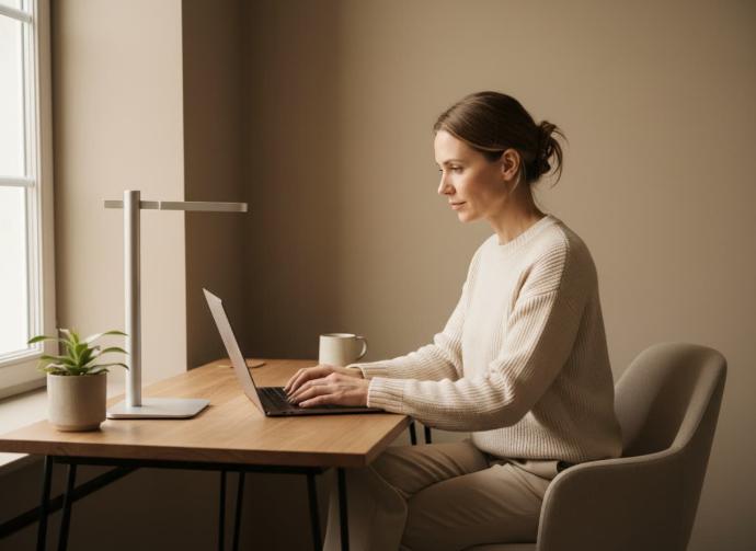 Empresaria trabajando tranquilamente en su oficina sabiendo que su empresa cumple con la protección de datos