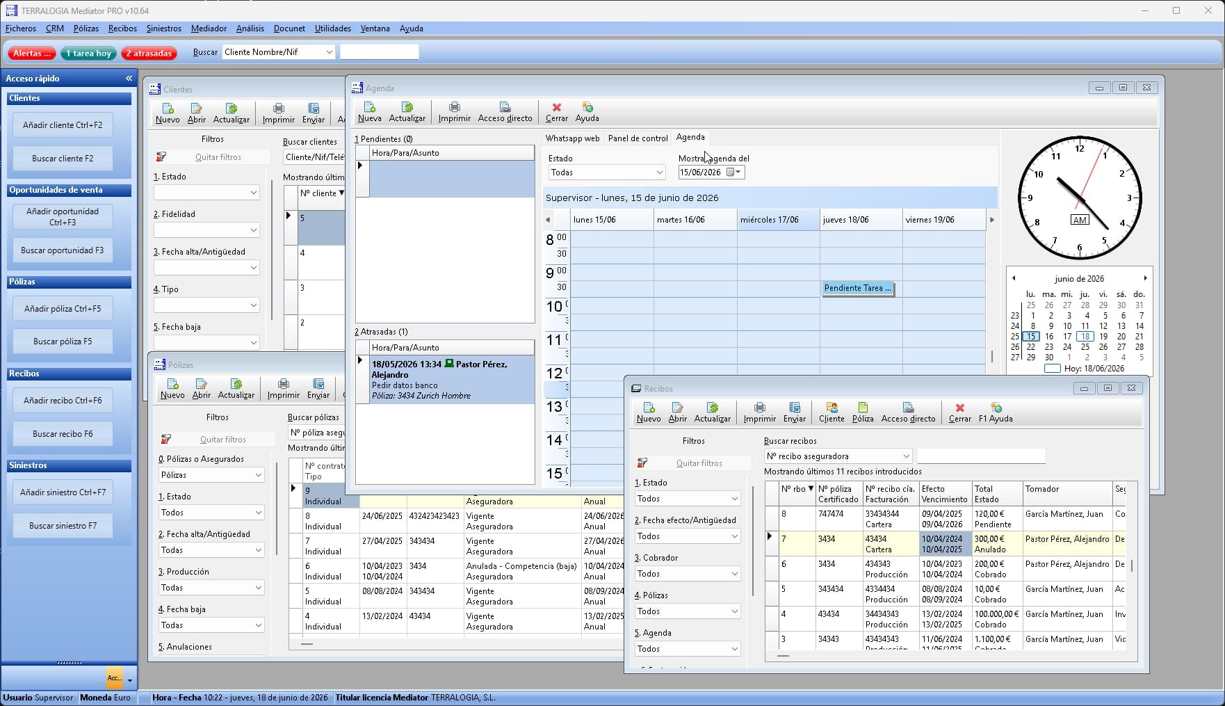 Mediator - pantalla principal del software para corredores de seguros