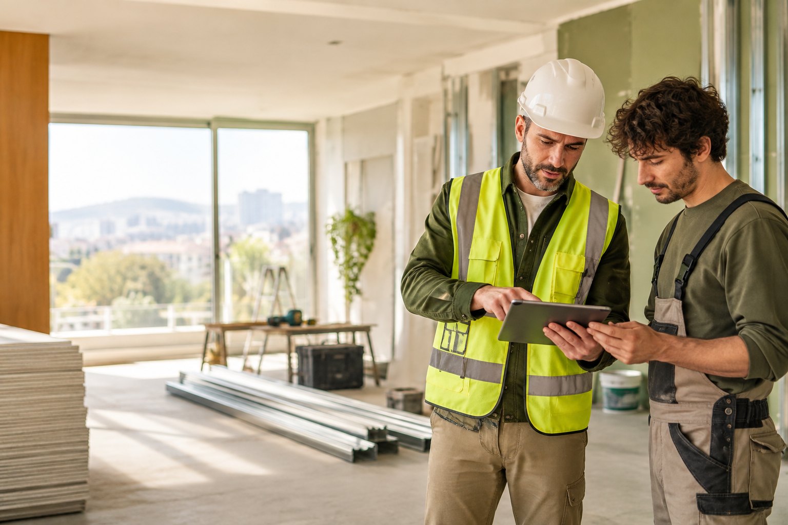 Jefe de obra y operario revisando planos en una tablet durante una reforma